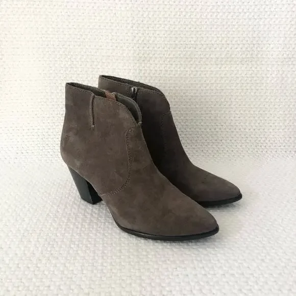 Frye JENNIFER Brown Grey Suede Pointed Stacked Heel Dress Ankle Boots 6 - Picture 2 of 12